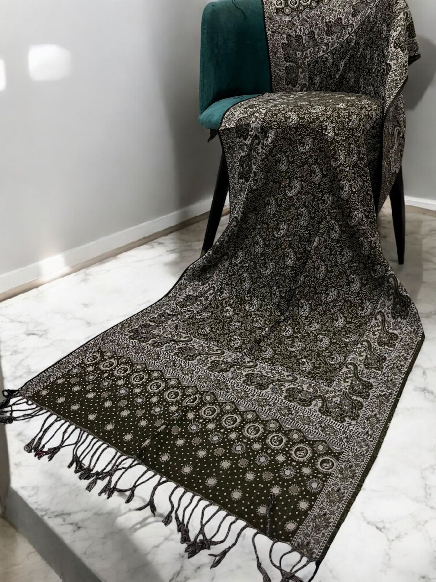 Sepia Brown Silver Dotted Two-tone Paisley Pashmina Hijab