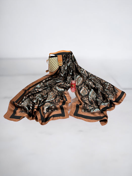 Large Satin Silk Hijab - Brownie Black Floral