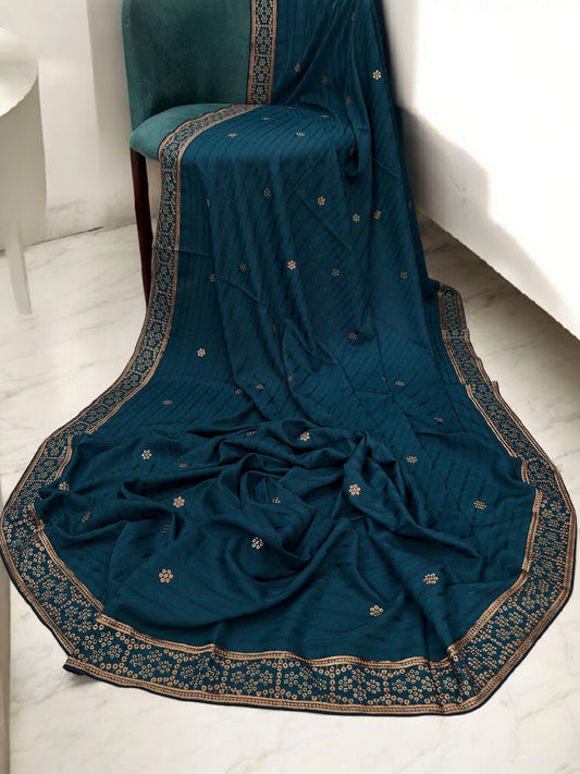 Teal Beige Honeycomb Fancy Self Embroidered Shaal