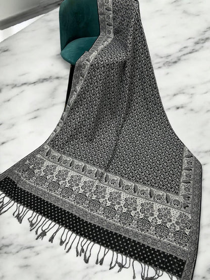 Paisley Pashmina Shawl - Black Silver Grey