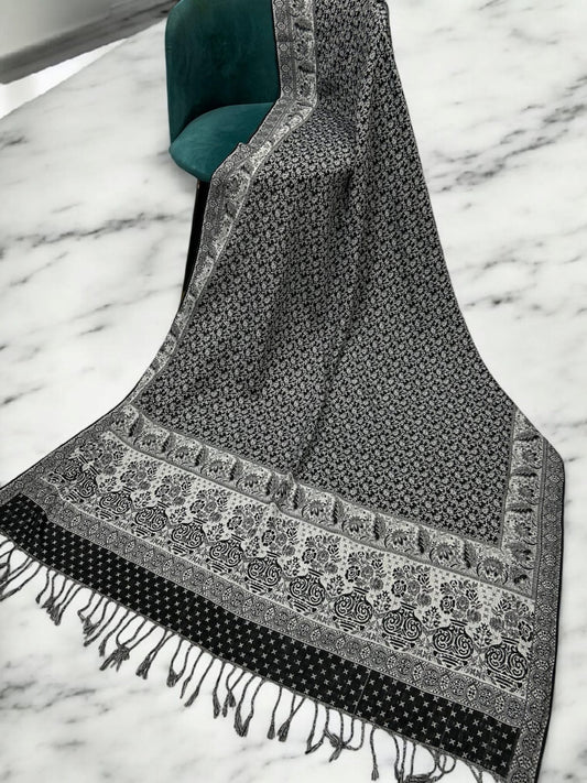 Paisley Pashmina Shawl - Black Silver Grey