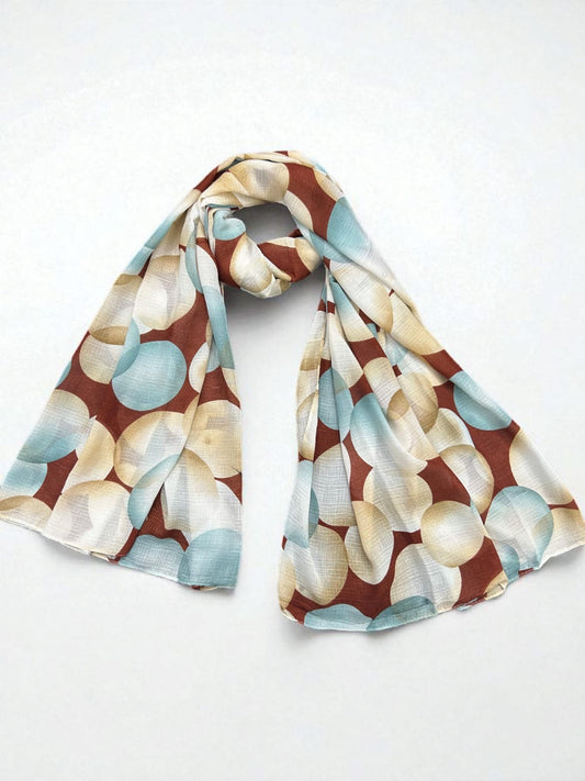 Beige Brown Blue Circles Printed Modal Hijab