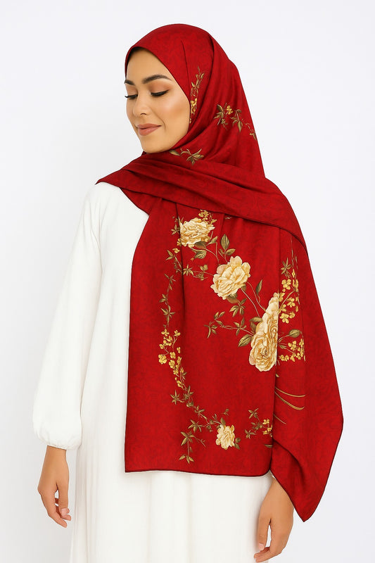 Large Satin Silk Scarf - Pure Red Gold Floral