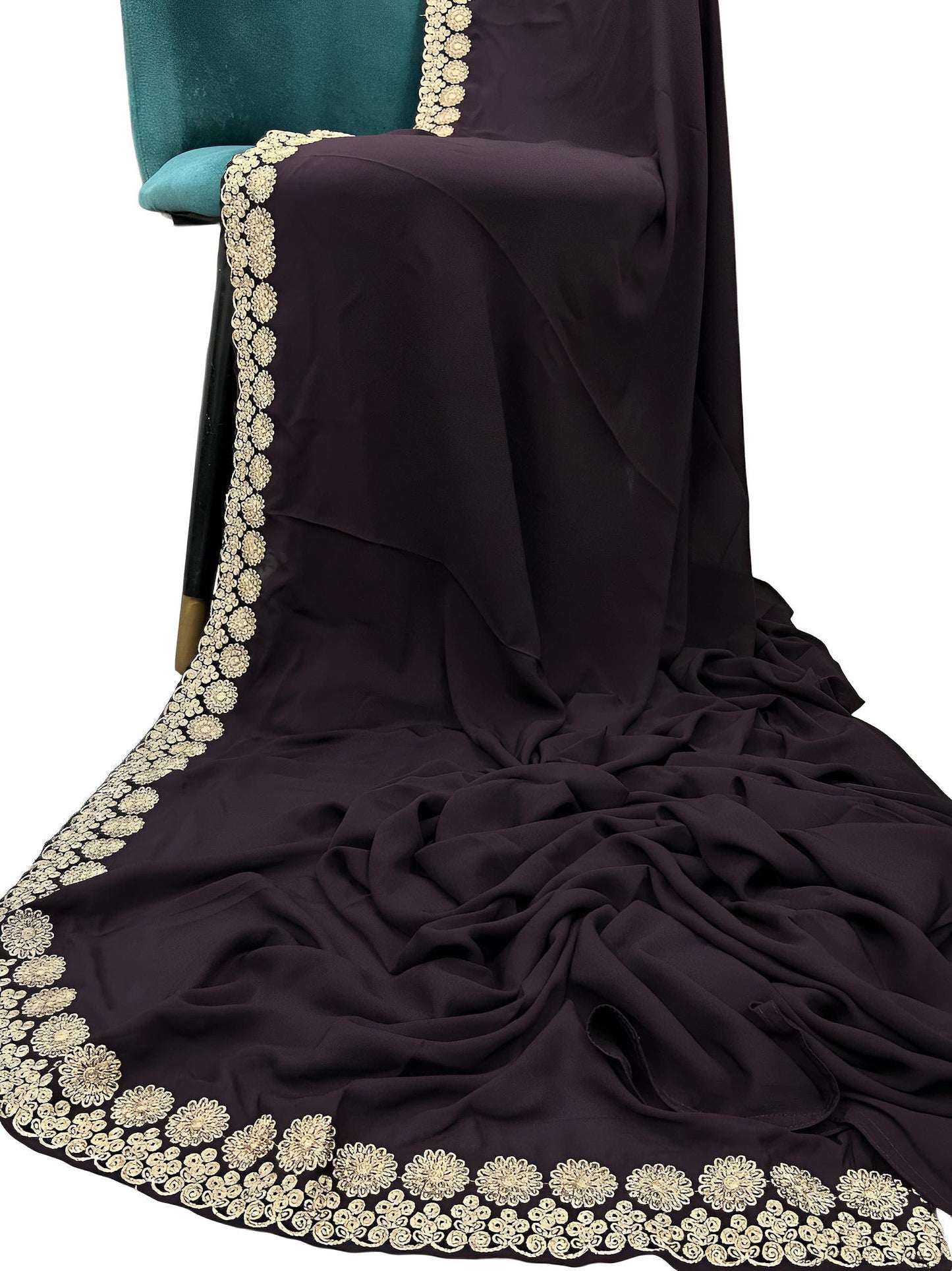 Luxury Raisin Purple Floral Gold Border Korean Shaal