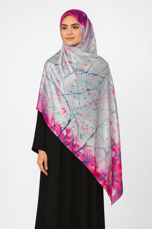Large Satin Silk Scarf - Silver Pink Cherry Blossom