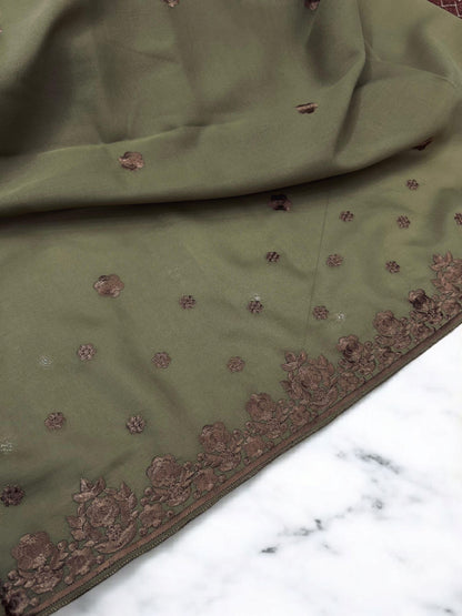 Khaki Peach Floral Embroidered Border Shaal
