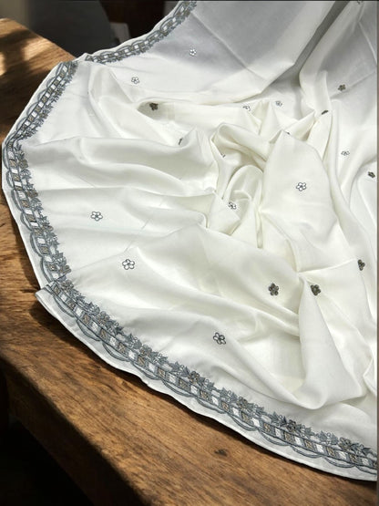 White Grey Round Cutwork Border Shaal