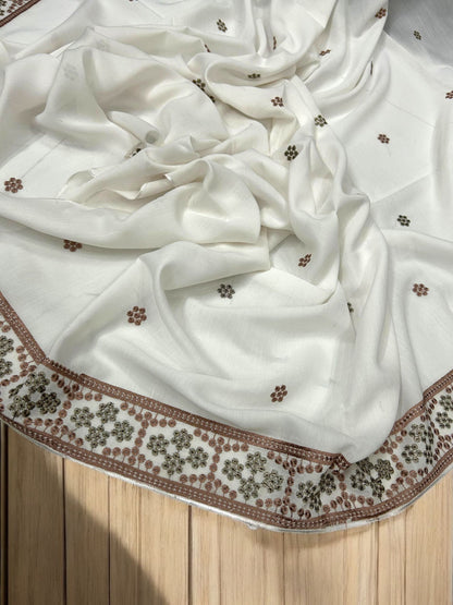 White Beige Honeycomb Fancy Embroidered Shaal