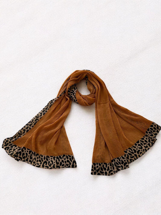 Fox Brown Leopard Border Printed Pleated Modal Hijab