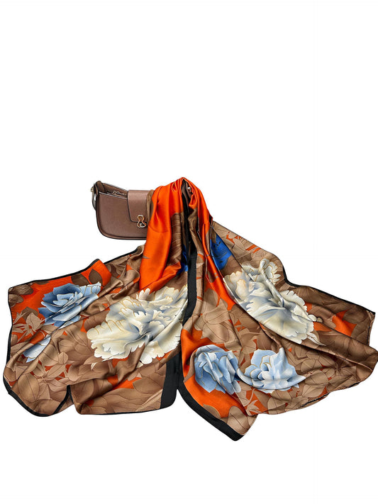 Large Satin Silk Scarf - Brown Tangy Orange
