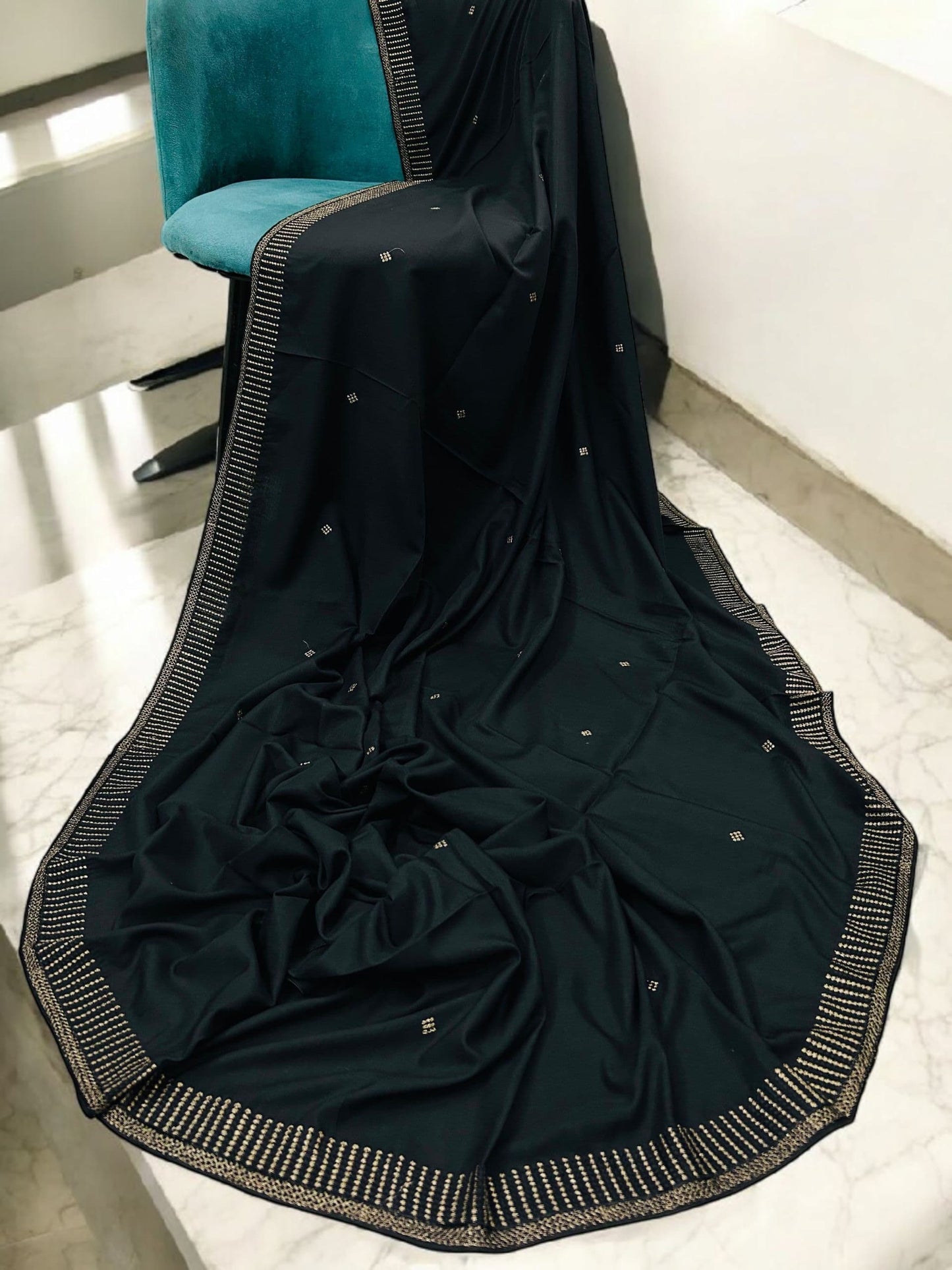 Black Gold Linear Embroidered Border Shaal