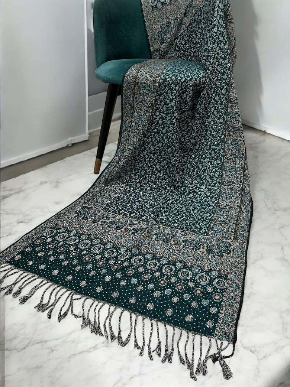 Emerald Green Beige Dotted Two-tone Paisley Pashmina Hijab