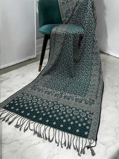 Emerald Green Beige Dotted Two-tone Paisley Pashmina Hijab