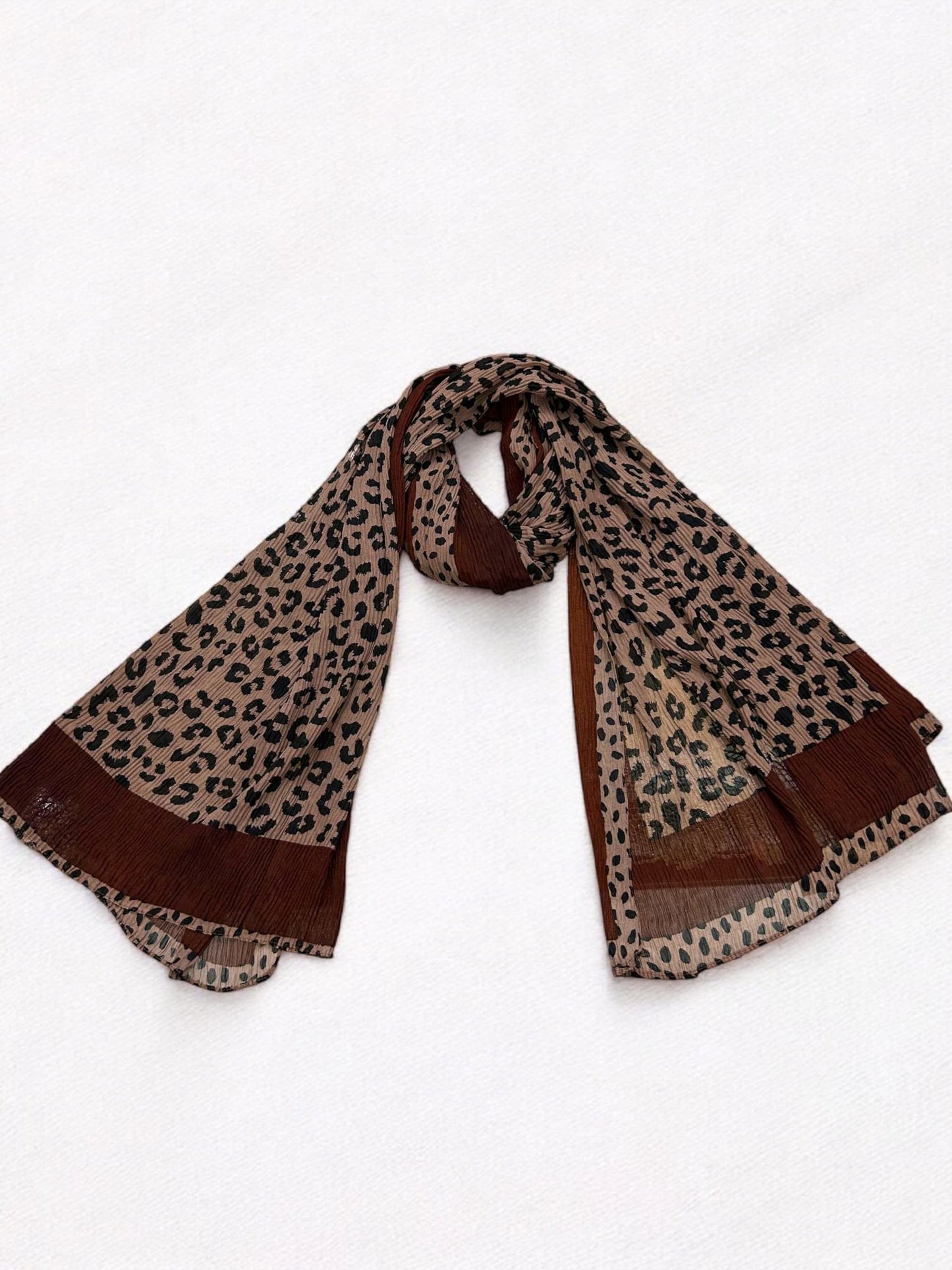 Coffee Brown Plain Border Leopard Printed Pleated Modal Hijab