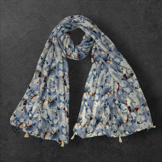 Airforce Blue Brown Floral Printed Modal Hijab