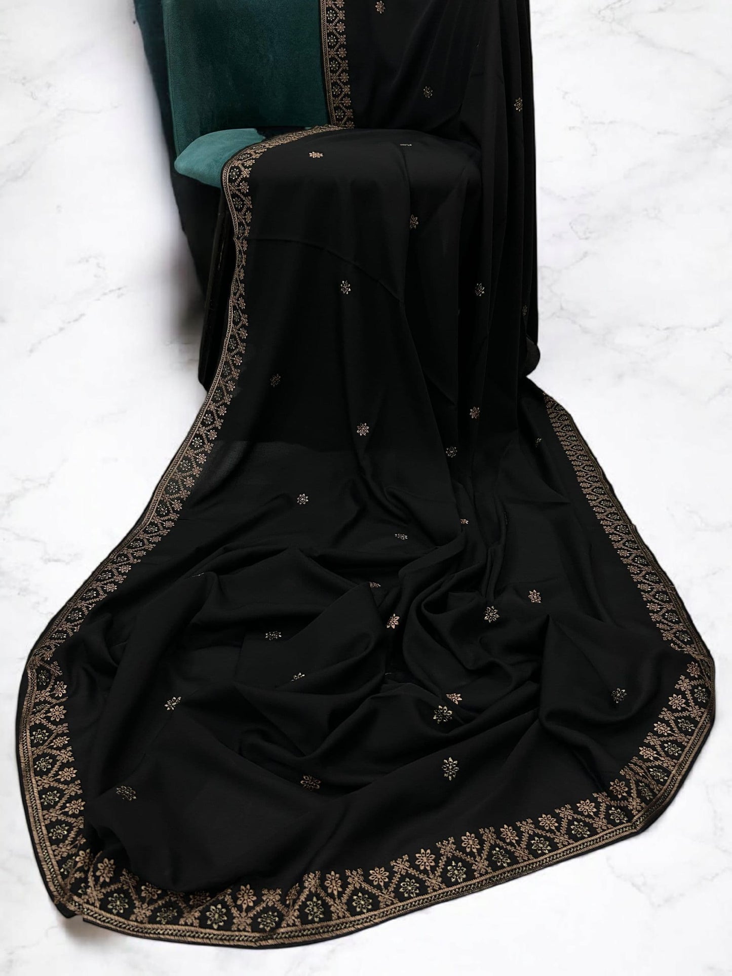 Black Flowers Threadwork Embroidered Border Shaal
