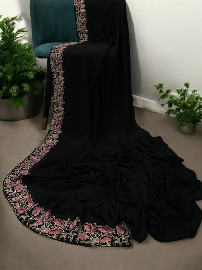 Luxury Black Pink Sweet Pea Floral Border Korean Shaal