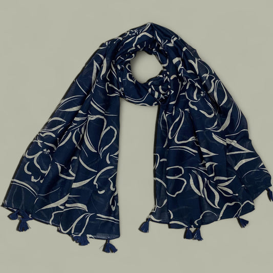 Navy Blue Patterned Flower Printed Modal Hijab