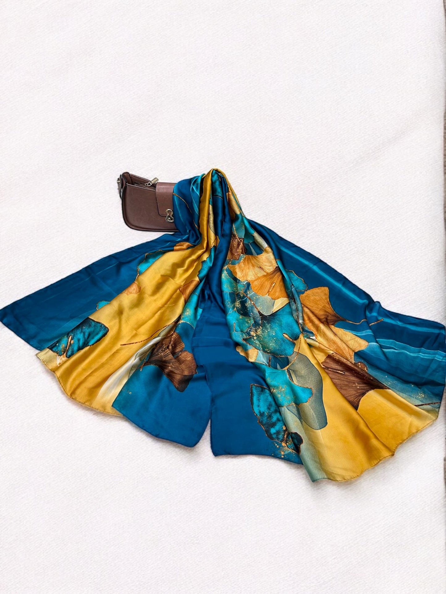 Large Satin Silk Scarf - Blue Gold Sea