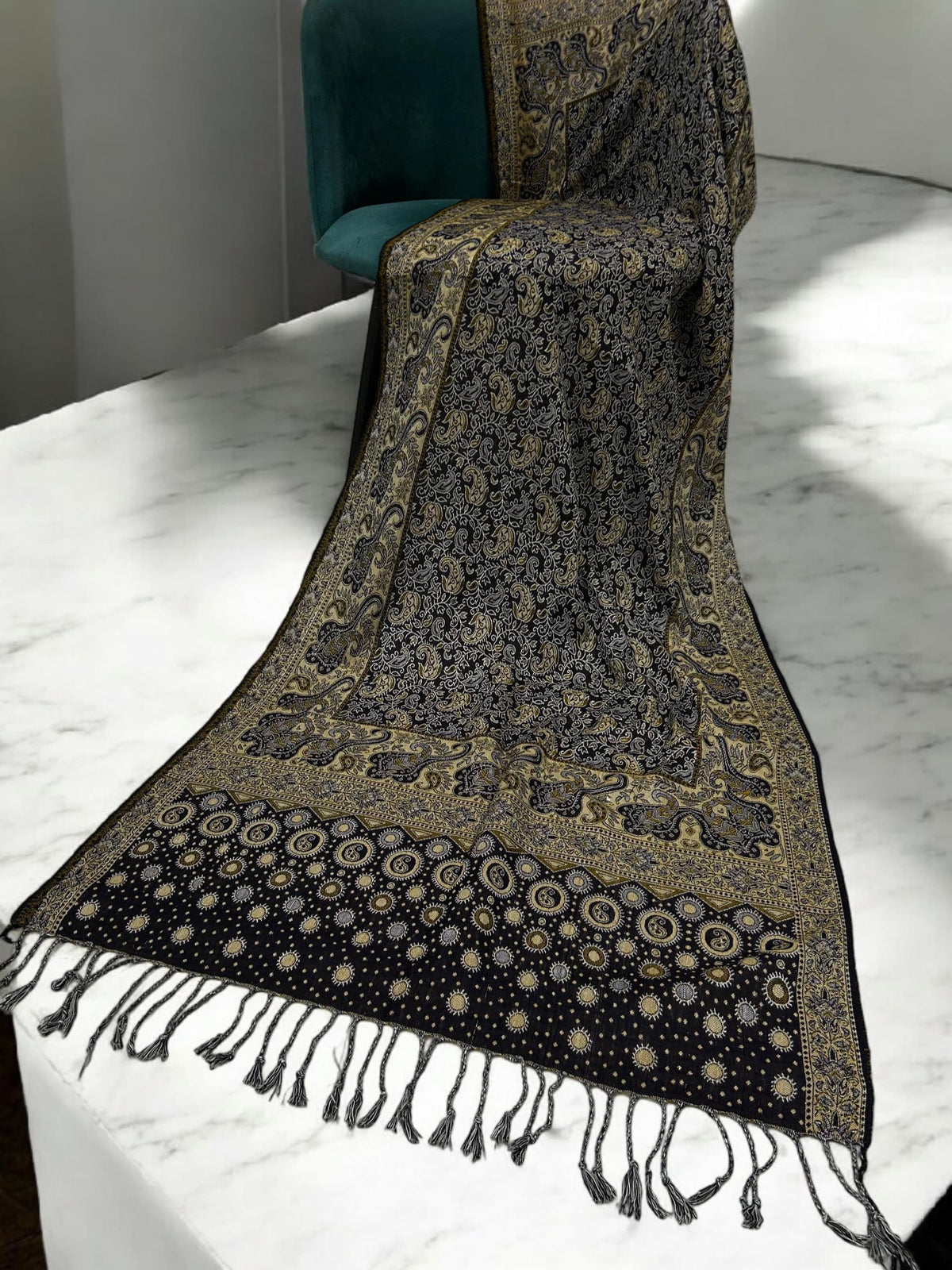 Black Butter Yellow Silver Dotted Two-tone Paisley Pashmina Hijab