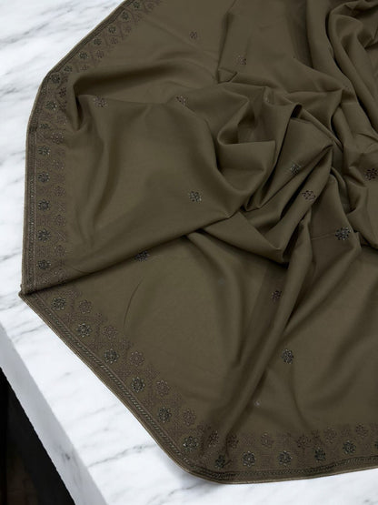 Mud Brown Flowers Threadwork Embroidered Border Shaal