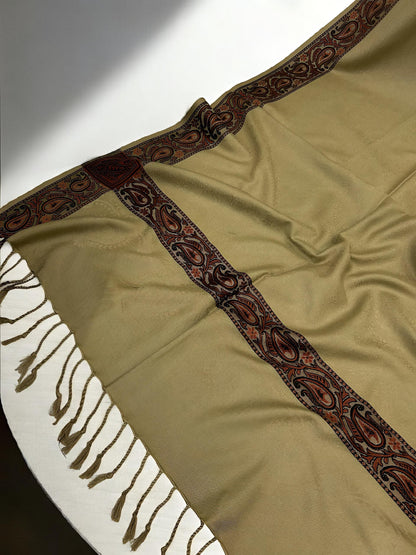 Khaki Maroon Embossed Patchwork Border Shawl