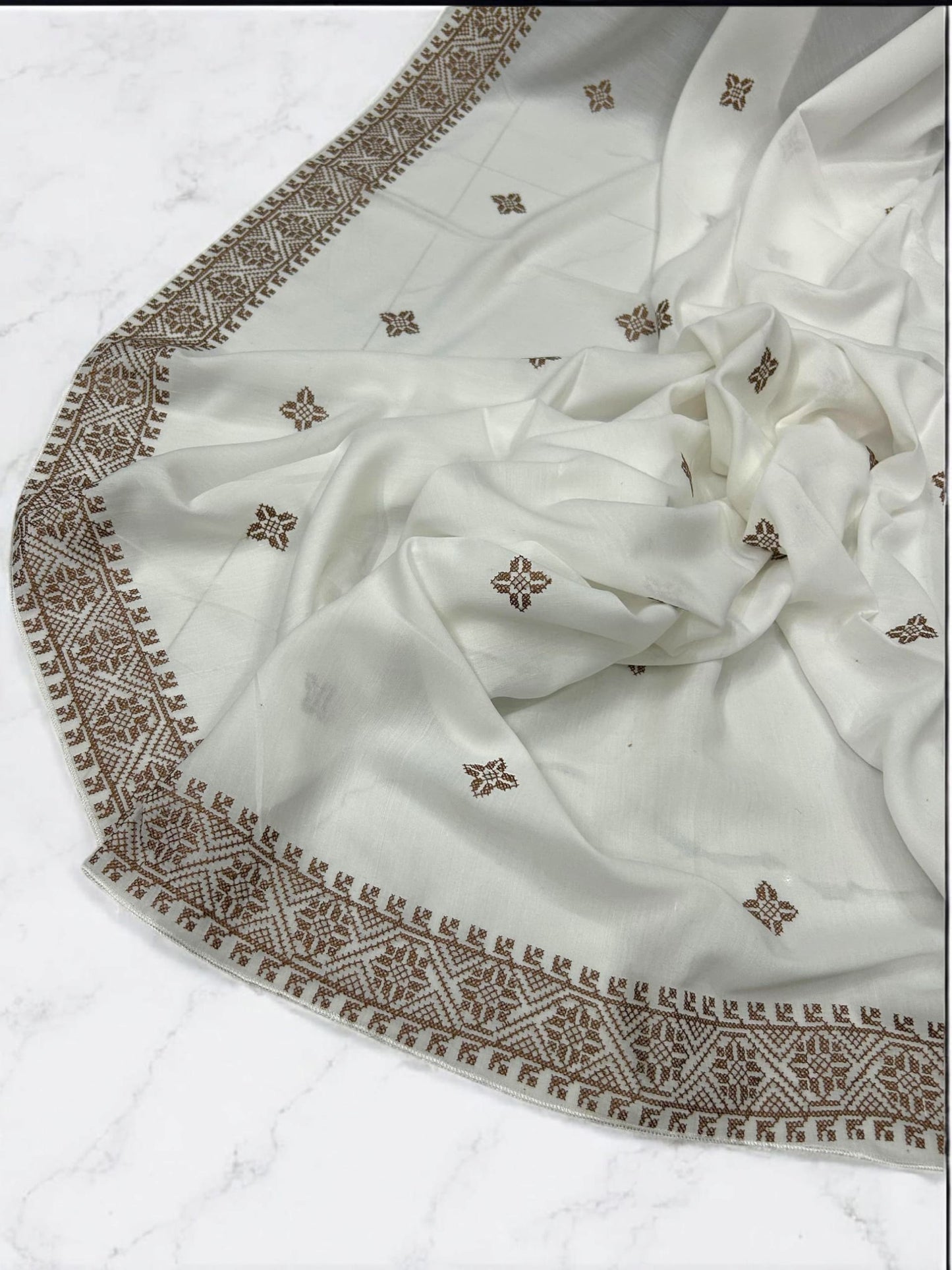 White Brown Mosaic Fancy Embroidered Shaal