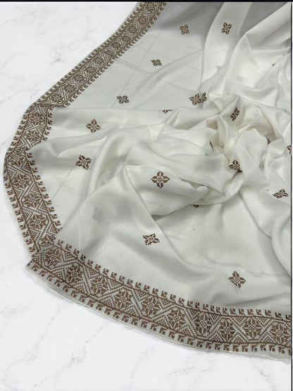 White Brown Mosaic Fancy Embroidered Shaal