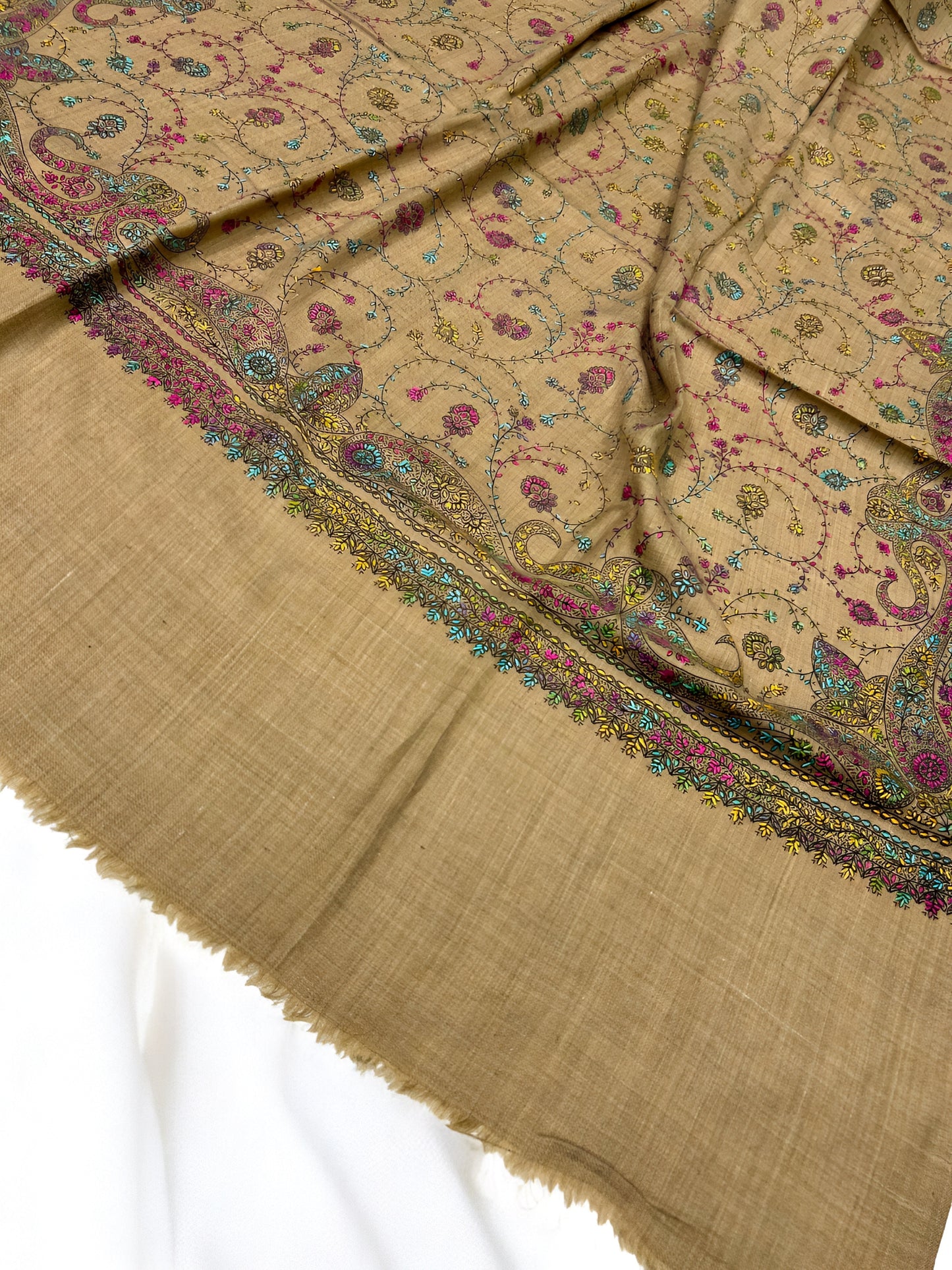 Beige Blue Pink Multi - Hand Embroidered Paisley Kashmiri Shawl