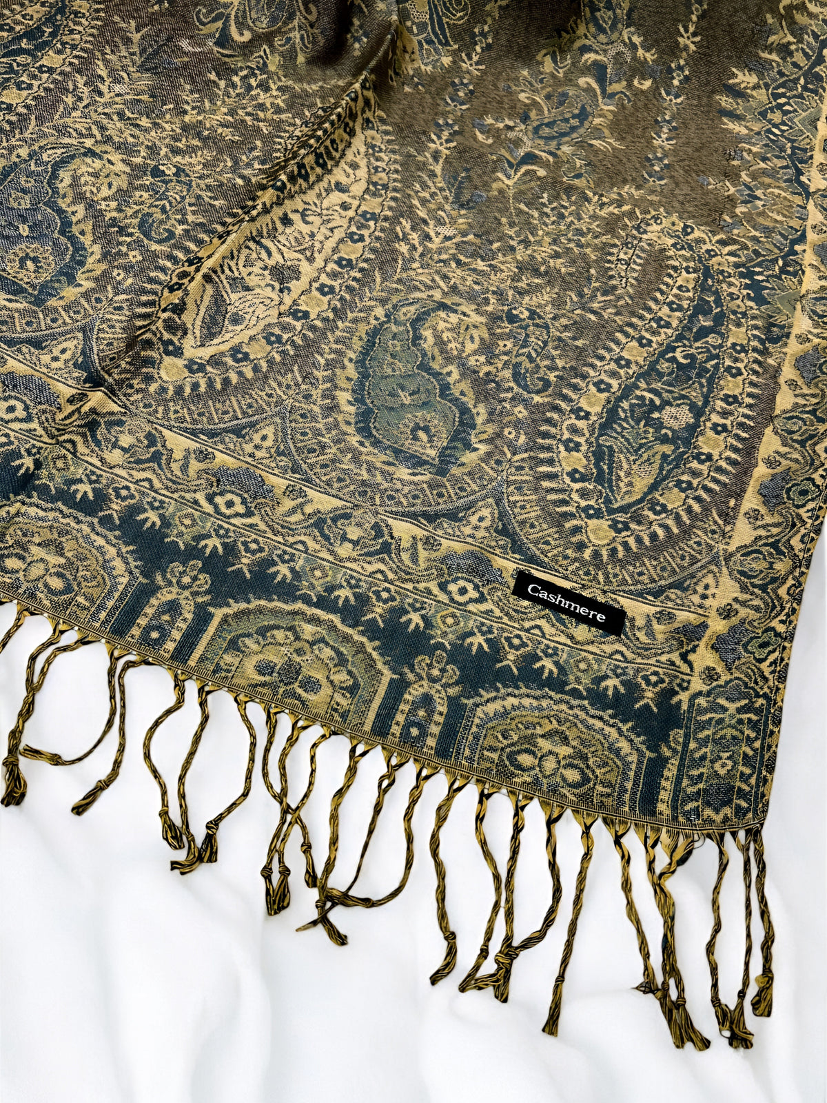 Olive Green Teal Persian Linear Paisley Two-Tone Pashmina Hijab