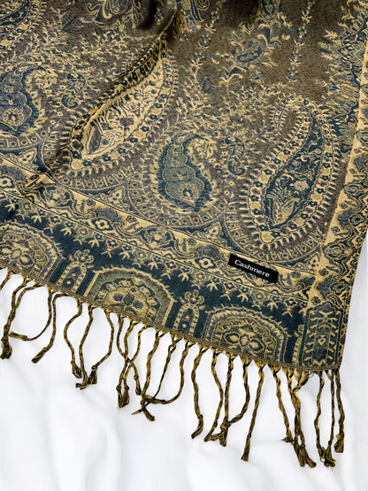 Olive Green Teal Persian Linear Paisley Two-Tone Pashmina Hijab