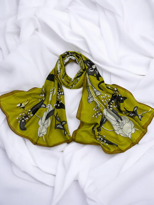 Olive Green Black Tulips Printed Modal Hijab