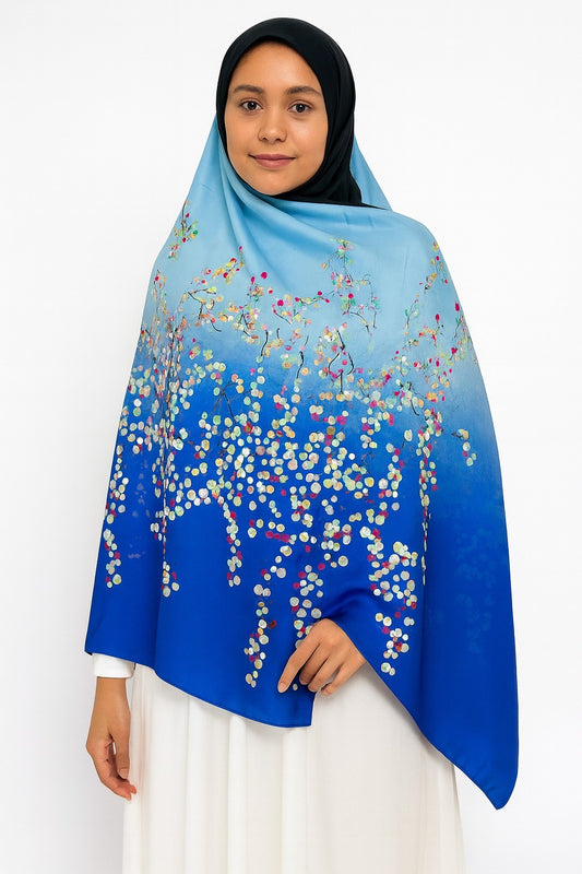 Large Satin Silk Scarf - Reflex Blue Cherry Blossom