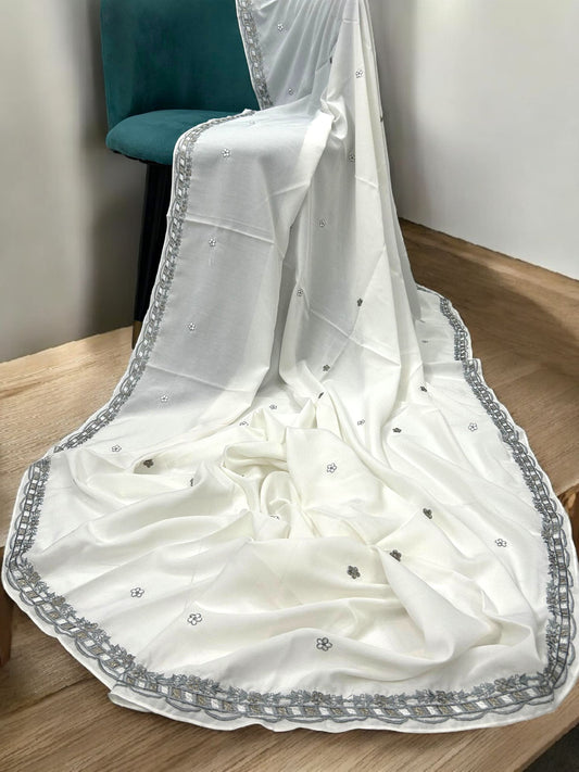 White Grey Round Cutwork Border Shaal