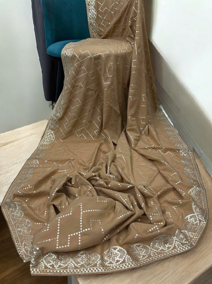 Coffee Gold Sequence Bridal Embroidered Shaal