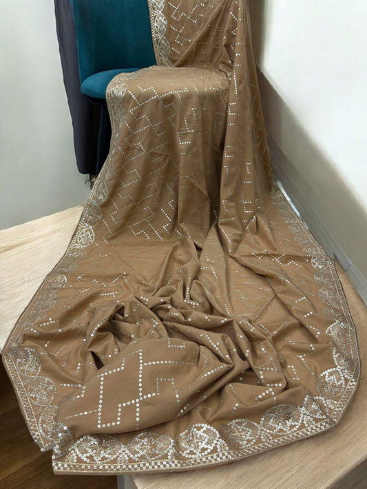 Coffee Gold Sequence Bridal Embroidered Shaal