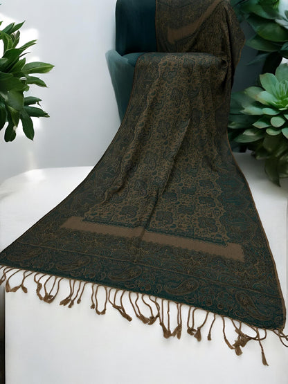 Sage Green Beige Border Paisleys Two-Tone Pashmina Hijab