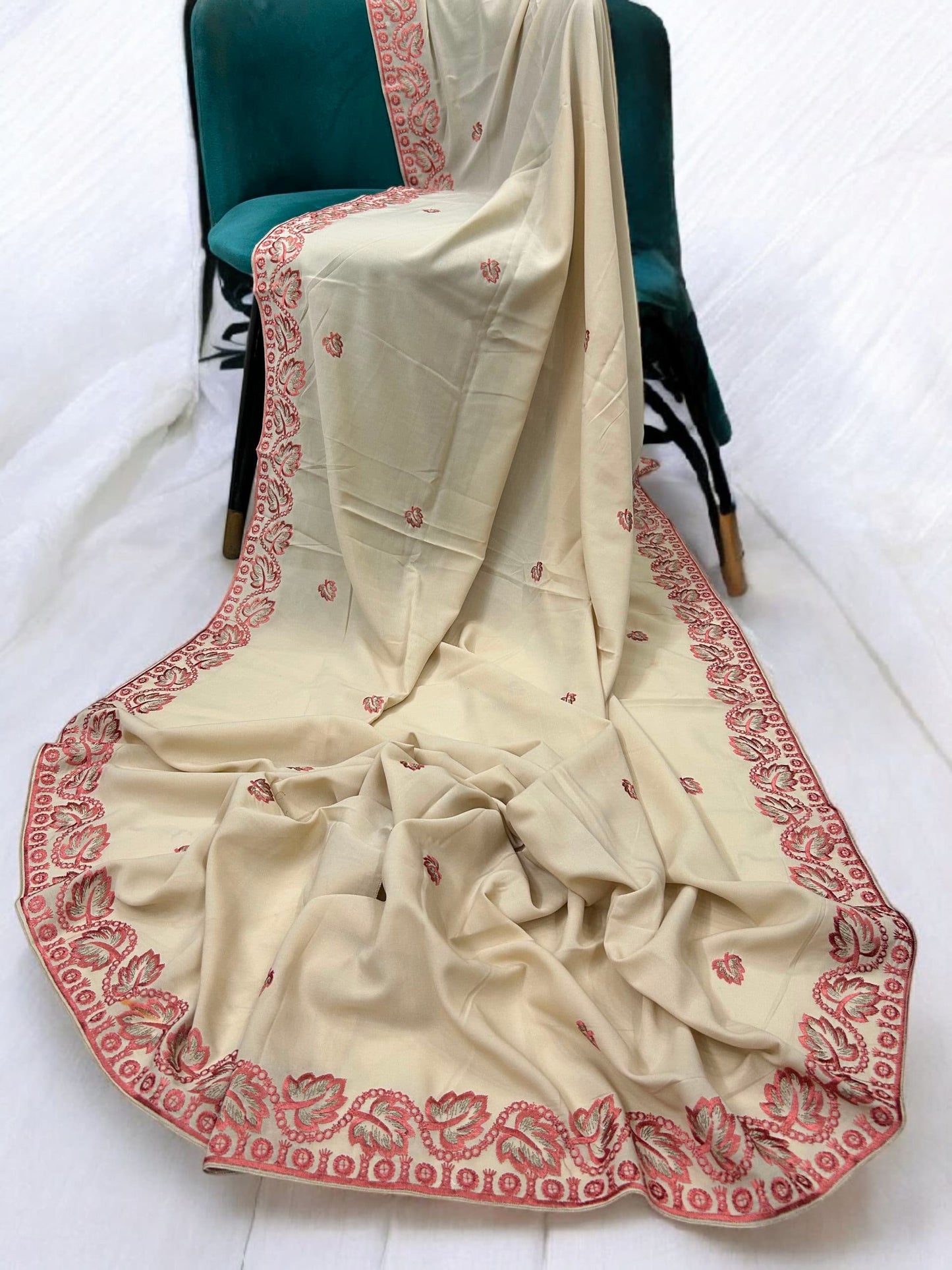 Cream Coral Leaflets Fancy Embroidered Shaal