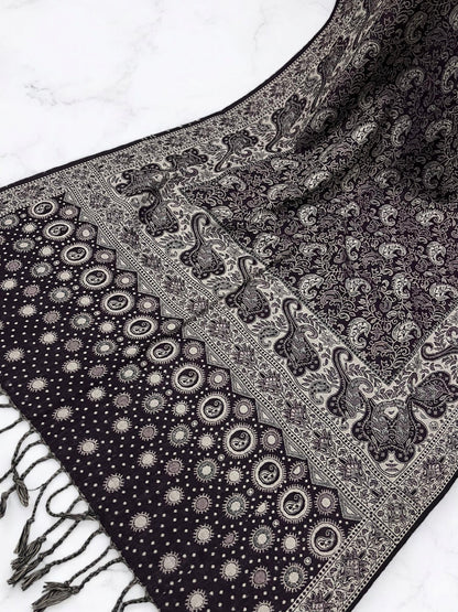 Black White Silver Dotted Two-tone Paisley Pashmina Hijab