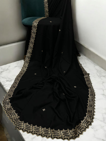 Black Cream Geometric Cutwork Border Shaal