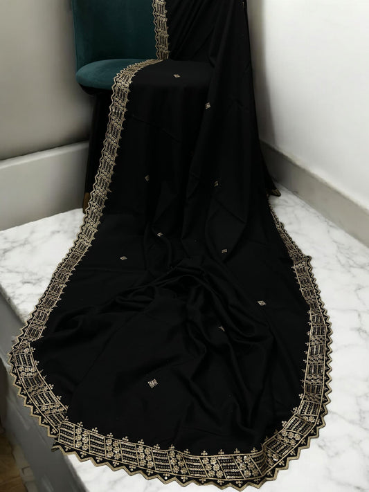 Black Cream Geometric Cutwork Border Shaal