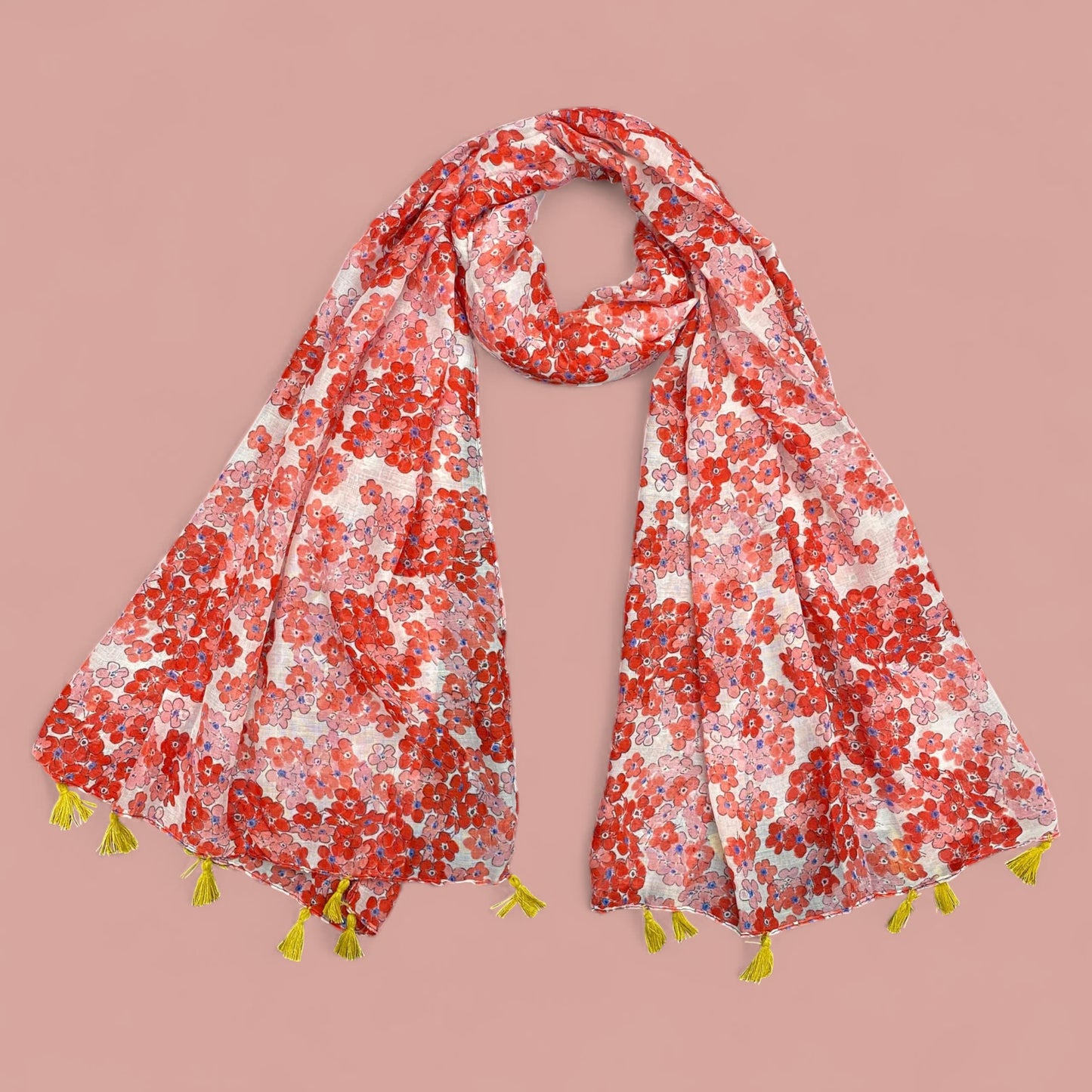 Red Coral Floral Printed Lawn Tassel Hijab