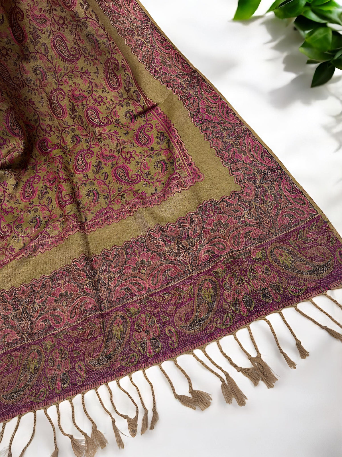 Khaki Candy Pink Paisleys Two-Tone Pashmina Hijab