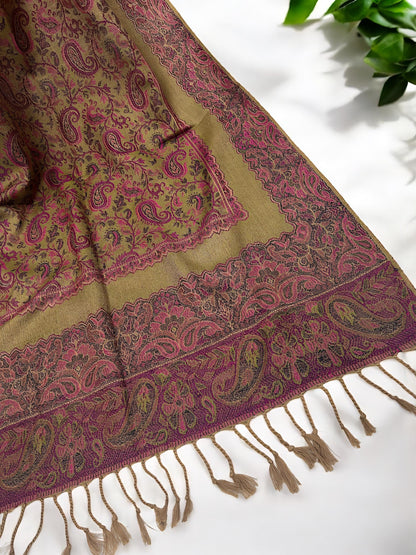 Khaki Candy Pink Paisleys Two-Tone Pashmina Hijab