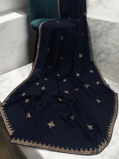 Navy Cream Star Floral Embroidered Shaal