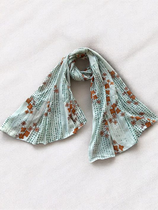 Mint Green Brown Flowers Printed Modal Hijab