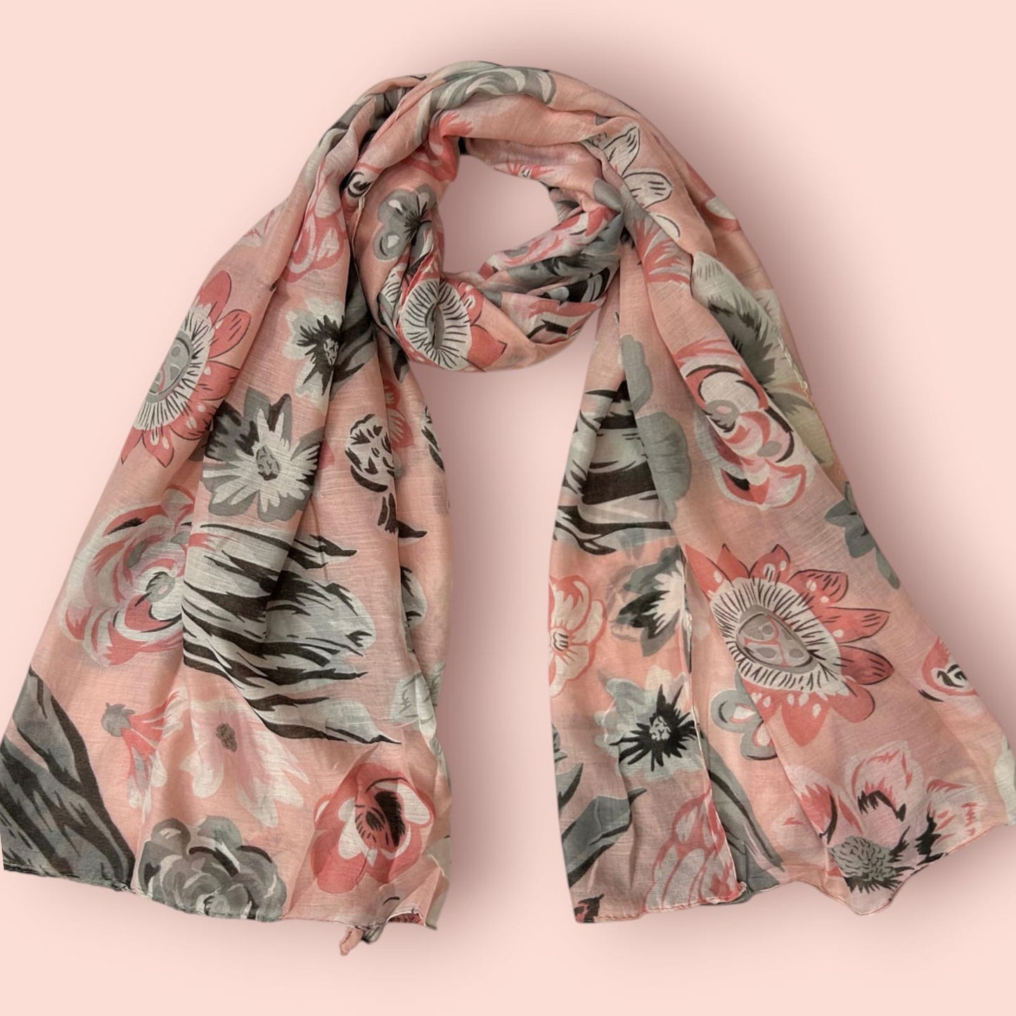 Coral Pink Grey Floral Printed Lawn Hijab