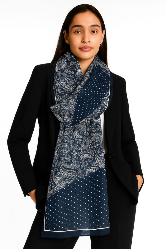 Printed Viscose Wool Hijab - Navy Blue Paisley