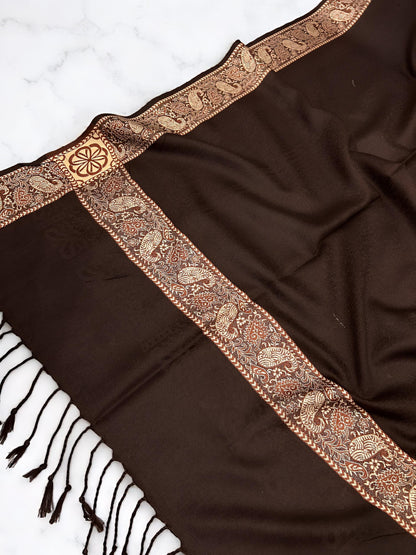 Brown Peach Embossed Patchwork Border Shawl
