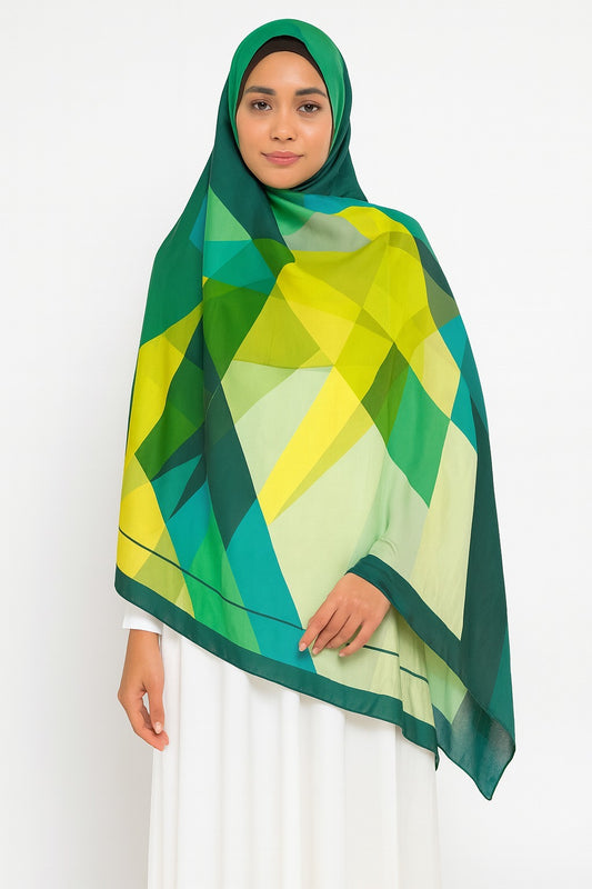 Large Satin Silk Scarf - Green Lime Shapes